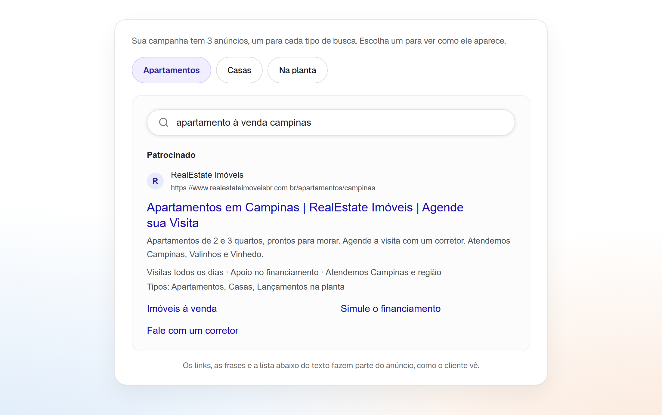 Prévia de um anúncio de exemplo no Google, montada pelo Admaner a partir do site de uma imobiliária fictícia: nome e endereço do site, título, descrição, sitelinks e frases de destaque